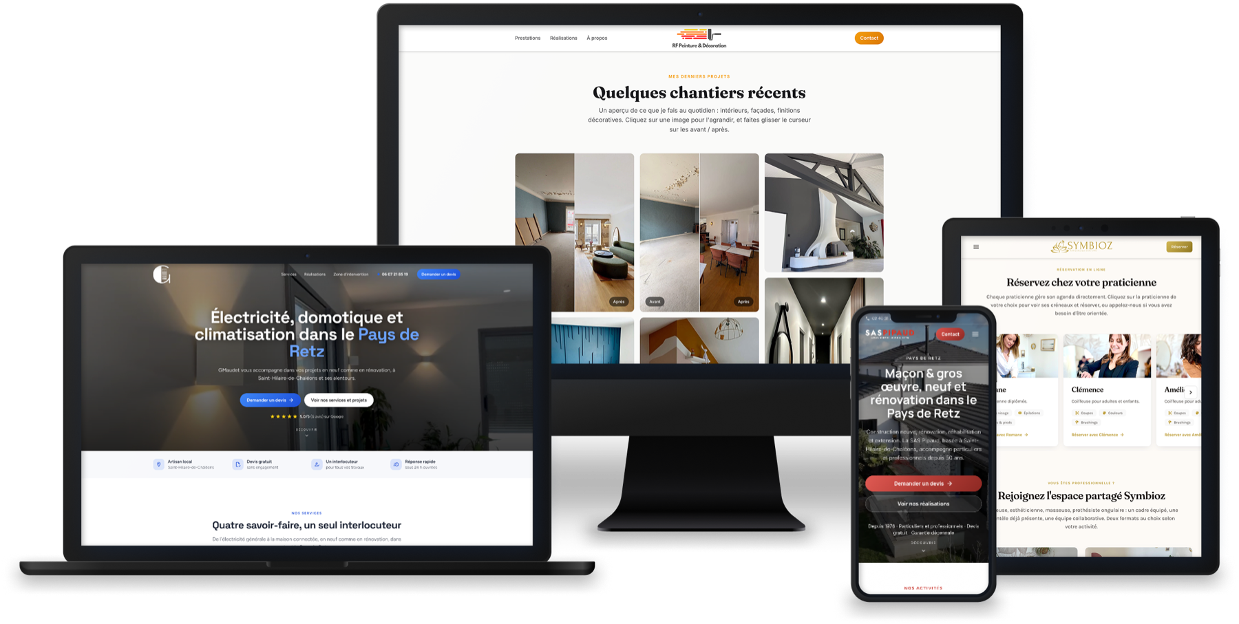 Quatre sites clients en ligne, vus sur écran, ordinateur portable, tablette et mobile