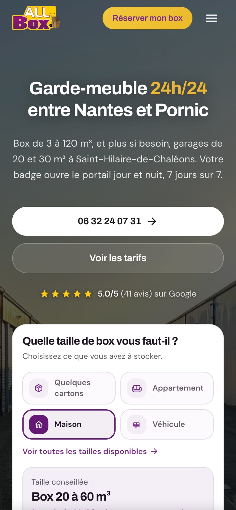 Site web client - All Box, garde-meuble et garages entre Nantes et Pornic, version mobile