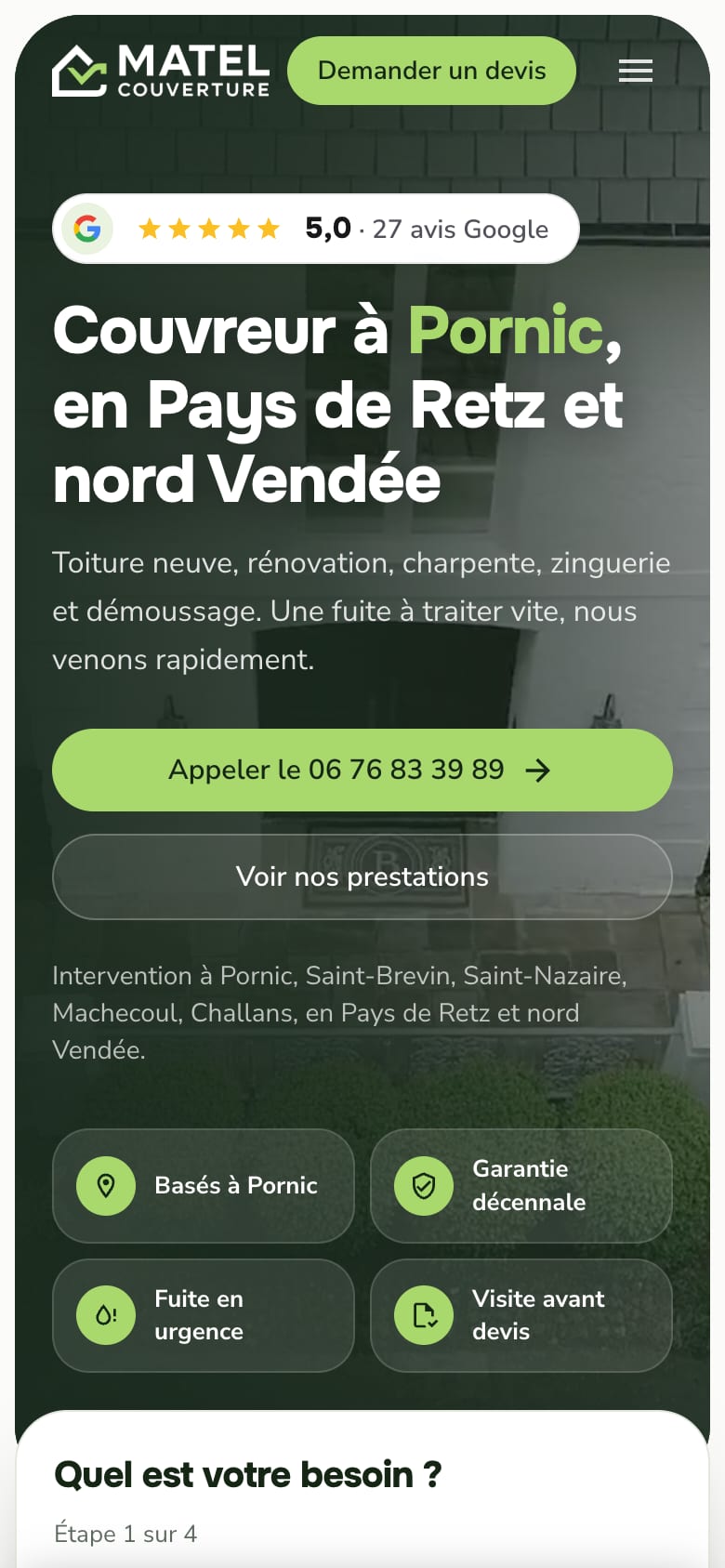 Site web client - Matel Couverture, couvreur à Pornic, version mobile