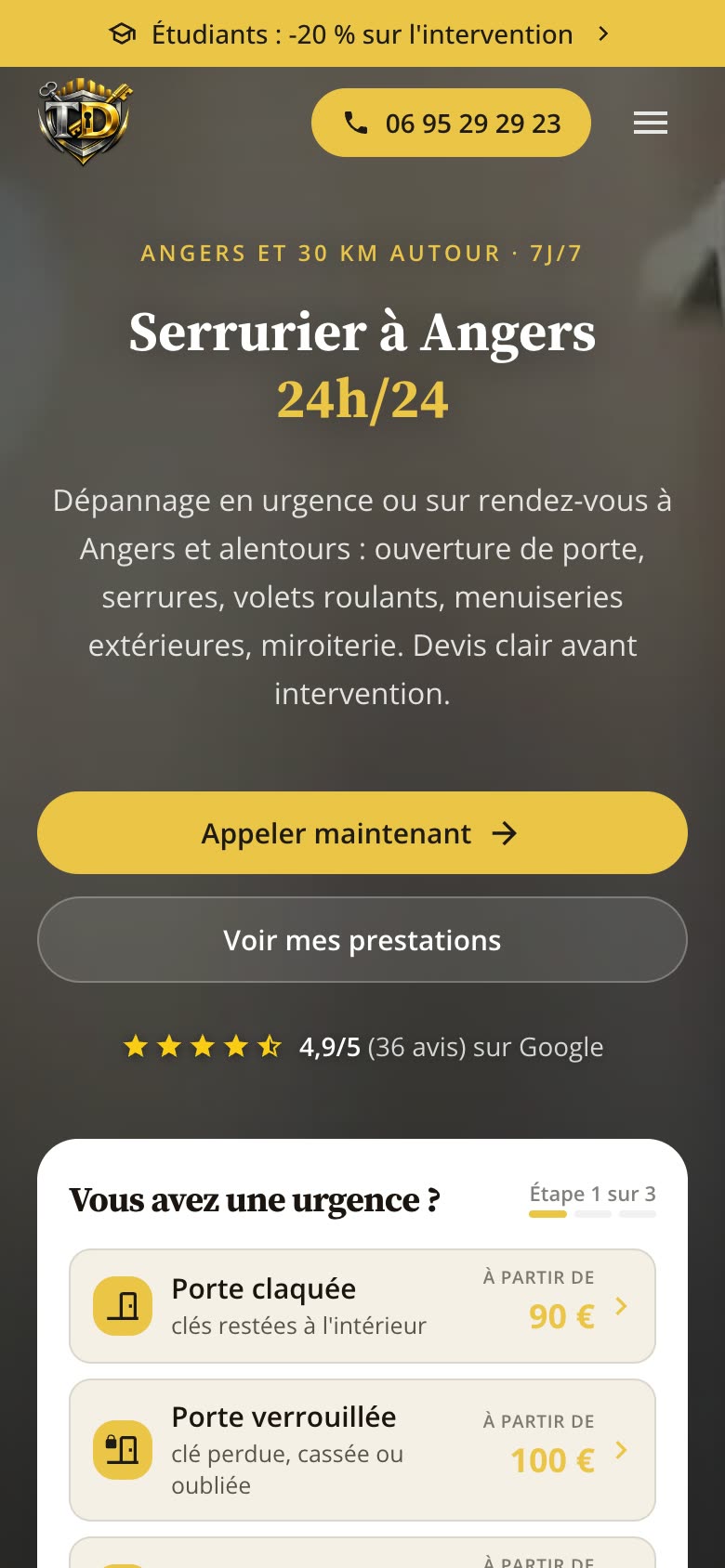 Site web client - TD Serrurerie, serrurier-miroitier à Angers, version mobile