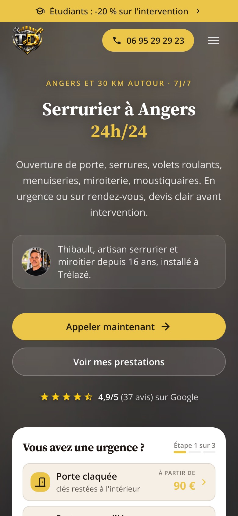 Site web client - TD Serrurerie, serrurier-miroitier à Angers, version mobile